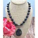 Artisan Black Glass Bead Collar Necklace Tigers Eye Faceted Teardrop Pendant Photo 2