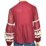 Antropologie Vineet Bahl Size S Burgundy White Nisha Pom Pom Peasant Cotton Top Red Photo 4