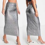 Topshop Pleated Holographic Silver Pull On Midi Skirt Size US 6 Elastic Waist Photo 1