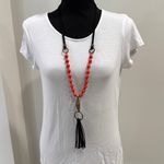 Vintage Red paper beads, bronze accents and leather chain & tassel necklace Photo 5