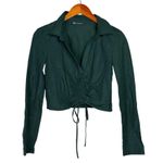 ZARA  Ruched Cropped Tie Front Long Sleeve Collared Semi Sheer Top Blouse S Green Photo 10