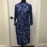 Kasper Laurissa Sheath Dress Sz Medium Royal Blue White Lace Floral Long Sleeve Photo 2