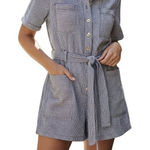 Urban Outfitters Romper Womens Large Denim Conductor Stripe Belted Casual Relax Photo 0