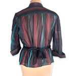 Vintage 80s Striped Sheer Blouse Black Belted Waist Mandarin Collar Metallic Size L Photo 2