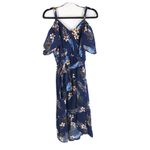 Bloomchic  Floral Cold Shoulder Pocket Ruffle Belted High Low Hem Dress Navy 10 Photo 2