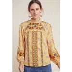 Anthropologie Maeve Goldie Embroidered Cross Stitch Yellow Blouse Size US 0 Boho Photo 2