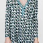 Zara Knit Jacquard Dress Long Sleeve Geometric Print Mini Teal Brown Size Small Blue Photo 0