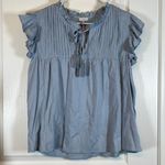 VOY Clothing Blue Pleated Tassels Ruffle Flounce S/S Blouse Large NWT #0442 Photo 1