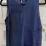 OVI  Women’s Sleeveless Blouse Navy Blue Sheer Panels Asymmetrical Hem Size Small Photo 0