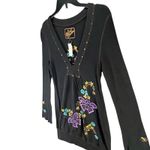 Soul Revival Y2K Waffle Knit Tee Large Black Floral Butterfly Embroidered Boho Photo 2