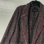 Banana Republic Tweed Blazer Plaid Black Red 10 Double Breasted Buttons Fringe Photo 2