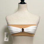 Koru Swimwear Tan Nude White Bandeau Bikini Top NWT Medium No Padding Swirl Bow Photo 0