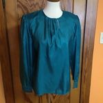 Vintage Teal Satin Blouse | Long Sleeve Keyhole Neckline Draped Top Size 8 Photo 5