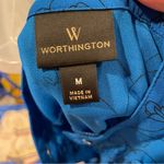 Worthington Cute aquamarine floral outlines ruffle puff sleeve button front blouse office Photo 4