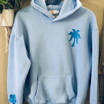 Pink Palm Puff Blue Embroidered Palm Tree Hibiscus Hoodie Sweatshirt Size S Photo 0