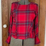 Kensie   Long Bell Sleeve Red Shoulder Ruffle Plaid Blouse Women’s Size Medium Photo 0