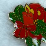 Christmas Holiday Enamel Pin Brooch Joy Candle Holly Bow Vintage Photo 1