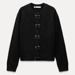 ZARA  Knit Crew Neck Sequin Bow Loose Fit Black Fuzz Cardigan Women’s Sz S Photo 0
