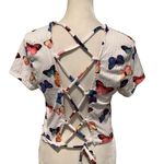 Butterfly Print Women's Crop Top, Pretty Lace Up Back Size Small Yellow Photo 3