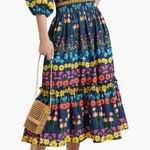 Cara Cara Mimi Flowerbox Navy Off Shoulder Smocked Midi Dress XS Blue Photo 0