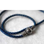 Pandora  Blue Woven Leather Double Loop Band Sterling Silver Charm Bracelet Photo 0