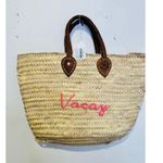 POOLSIDE Woven Straw Open Tote Pink “VACAY” Text Leather Handle Tote Purse Photo 3
