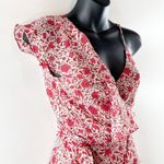 MISA Los Angeles MISA Floral Print Plunging Neck Asymmetrical Ruffle Wrap Tie Tank Blouse Red XS Photo 4