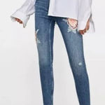 ZARA Woman Pink Roses Floral Embroidered Raw Hem Skinny Denim Jeans Photo 0