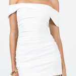 Princess Polly  “Marcia” White Off the Shoulder Ruched Cotton/Linen Mini Dress Photo 0