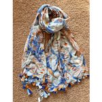 Palme Blue Tropical Palm Bird Metallic Stripe Tassel Fringe Scarf Wrap Accessory Photo 1
