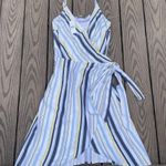 Loft NWT Striped  Wrap Mini Dress Size 6 100% Rayon white blue and yellow stripes Photo 0