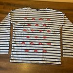 J.Crew top women’s large navy white stripes w/ red embroidered lips crewneck Photo 0