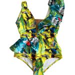 DINA MEDINA Tropical Ruffle Sleeve Bathing Suit Swimsuit Size Large Yellow Photo 0