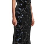 Aidan Mattox Black Mesh Sequin Plunge Neck Velvet Trumpet Gown Maxi Dress Photo 3