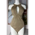 Tan Beige Textured Halter Cut Out One Piece Swimsuit Plus Size 2XL Photo 4