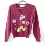 Lilly Of California Plum Acrylic Vneck Bombshell Sweater Embroidered Orchids Photo 0