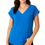 Fortune + Ivy  Blue Button-Front Short Sleeve Blouse – Size L NWT Photo 0