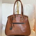London Fog  Tan/Brown Faux Leather Crossbody Double Handle Bag EUC Photo 1