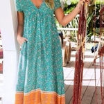 Natural Life  Avery Midi Dress Medium Turquoise Floral Border Button Front Flowy Photo 0