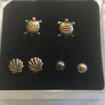 Vintage Lot of 3 Tiny Shell Turtle & Ball Stud Sterling Silver Back Earrings Photo 2