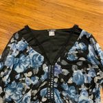 Venus Floral Mesh Top Womens Size Large Ruched Front Bell Sleeve Blouse Black Photo 1
