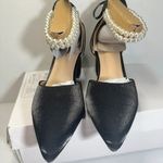 Closed Toe Pearl Heels Satin Wedding with Bow Chunky Block Heels Prom Evening Black Size 8 Photo 2