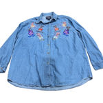 Vintage Lets Quizz Again Denim Shirt Women XL Coffee Cup Embroidery Button Up Blue Photo 0