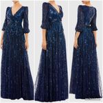 Mac Duggal  5509 Womens Blue SEQUINED WRAP OVER 3/4 SLEEVE GOWN Photo 1