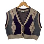 Menlo Sweater Vest Women Tan Dark Purple Argyle Cropped Large Button Academia Photo 0