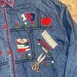 Vintage Back To School Embroidered Denim Shirt with Colorful Accents Blue Photo 2