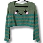 Kawaii Striped Cartoon Embroidery Flounce Sleeve Crop Sweater 0XL crochet open Black Size 0X Photo 0