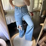 ZARA  Women’s 8 Blue Denim Wide Leg Raw Hem Jeans Distressed Photo 1