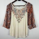 Miss Me Top S Cream Paisley Boho Lace Back Mixed Print Western Festival Y2K Photo 0