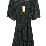 Manydress Womens Size L Floral Chiffon Dress Navy V Neck Short Butterfly Sleeve Blue Size L Photo 1